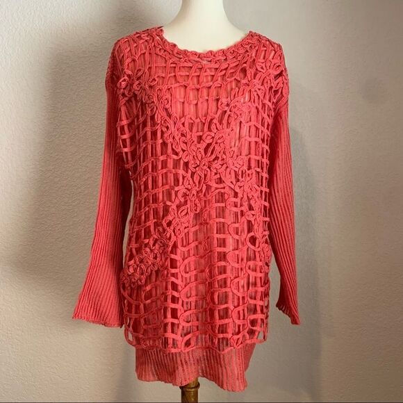 VTG Coral Sheer Floral Overlay Sweater OS Sonia - Picture 3 of 16